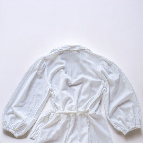 MELISSA ODABASH Paige Linen Cotton Blend Ruffled Balloon Sleeve Wrap Dress Sz L - Picture 8 of 12